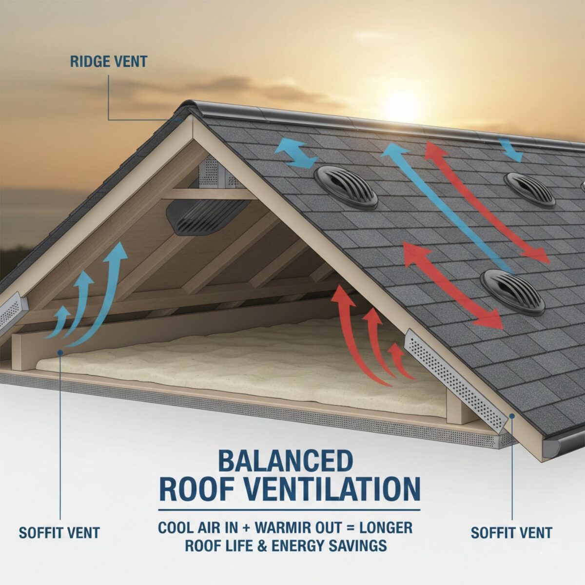 Roof ventilation system on a Miami home showing ridge and attic airflow components