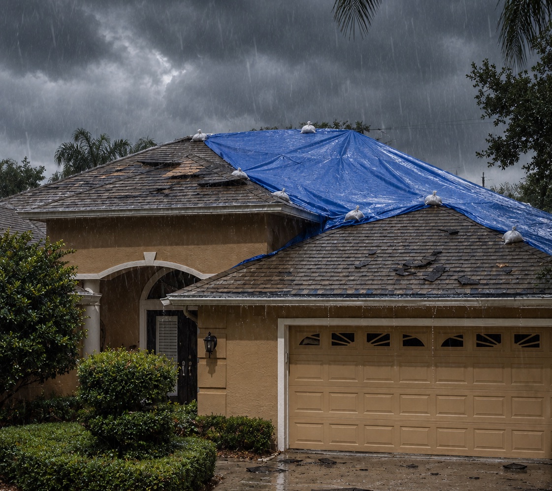 Blue tarp secured over a Miami home's damaged roof after a storm to prevent water intrusion