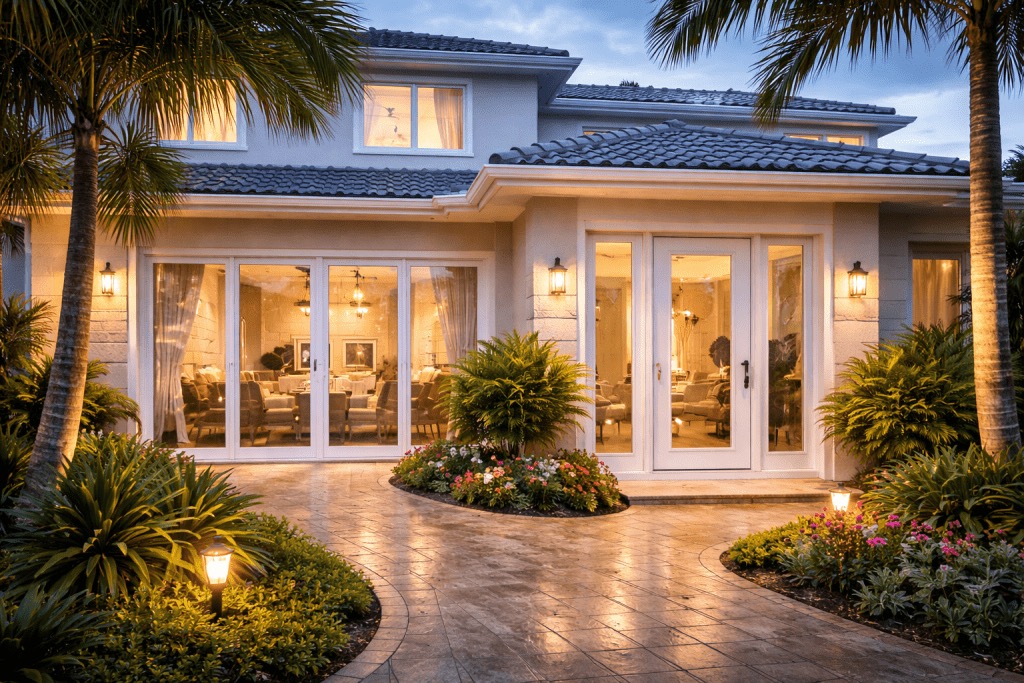Modern Miami home exterior with large energy efficient impact windows