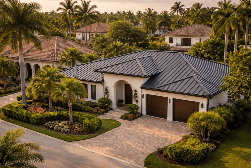 Miami home exterior comparing metal roofing and asphalt shingle roofing options